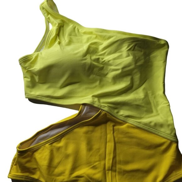 Yellow One Shoulder Swimsuit Block Colors Cutout Side Womens Large Neon Bright - Picture 3 of 13